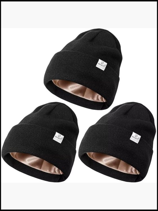 3 Pack Satin Lined Winter Beanie Hats for Women, Silk Lined Knit Soft Warm main image 7